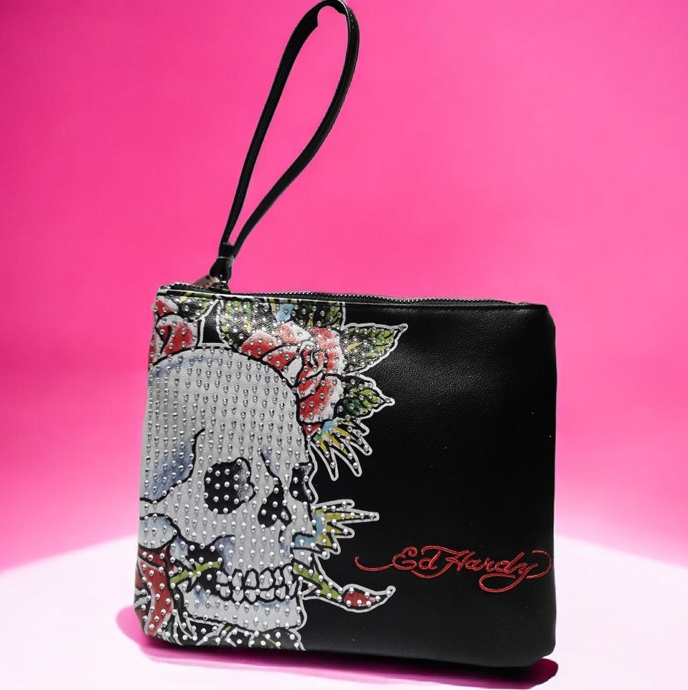 NEW Ed Hardy Black Skull Wristlet With Rhinestones 9"x7' New With Tags
